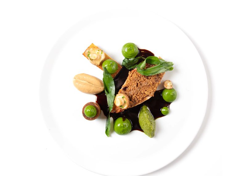 Guinea Hen (leg & breast), wild garlic, St George’s mushroom, pesto, potato & thyme terrine £32.50.