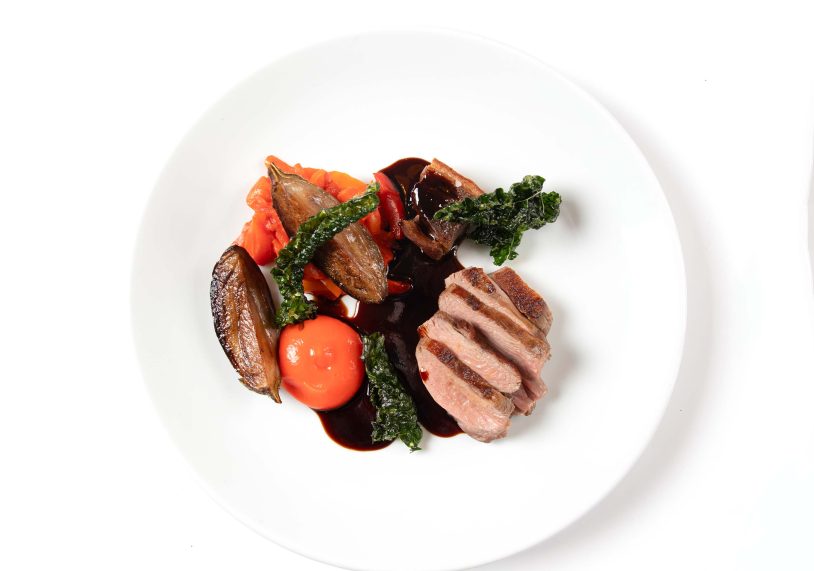 Launde Farm lamb (rump & belly), 
bell pepper stew, roast aubergine, Olive Branch dauphinoise potatoes £34.