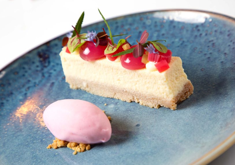 Baked vanilla cheesecake, forced Yorkshire rhubarb, white chocolate, ginger £10.50. 